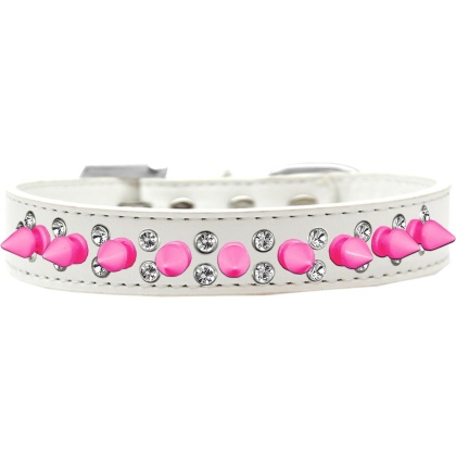 Double Crystal and Bright Pink Spikes Dog Collar White Size 12