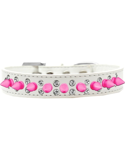 Double Crystal and Bright Pink Spikes Dog Collar White Size 12