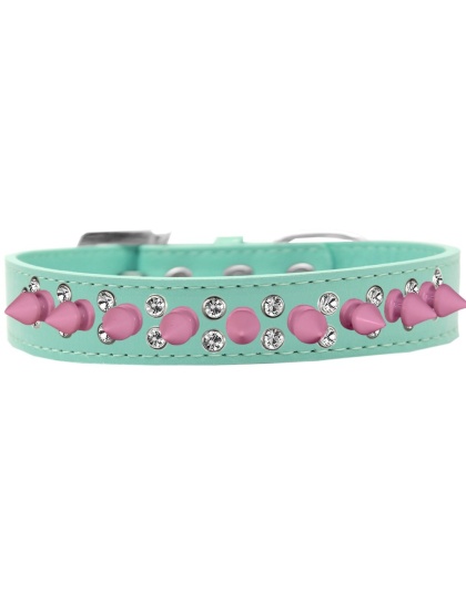Double Crystal and Light Pink Spikes Dog Collar Aqua Size 12