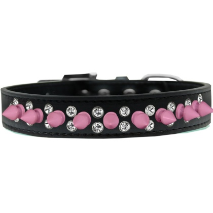 Double Crystal and Light Pink Spikes Dog Collar Black Size 12