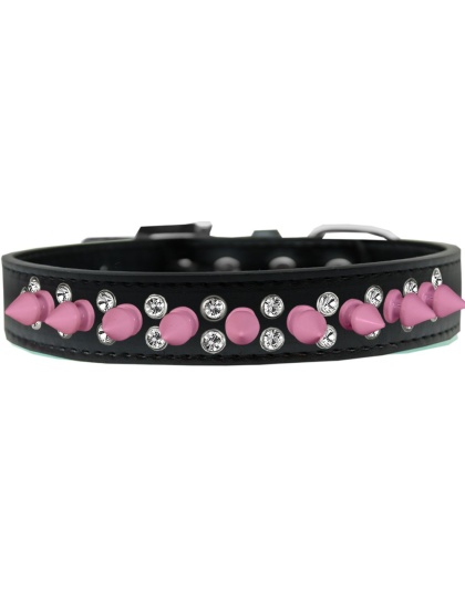 Double Crystal and Light Pink Spikes Dog Collar Black Size 12