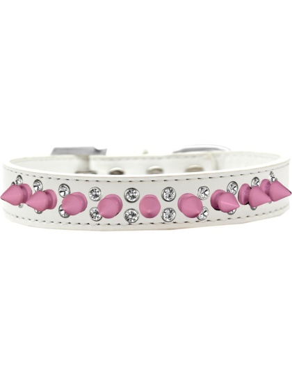 Double Crystal and Light Pink Spikes Dog Collar White Size 12