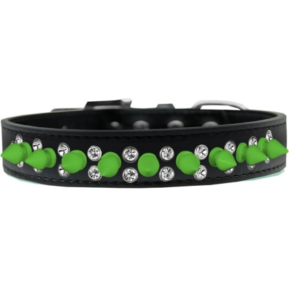 Double Crystal and Neon Green Spikes Dog Collar Black Size 12