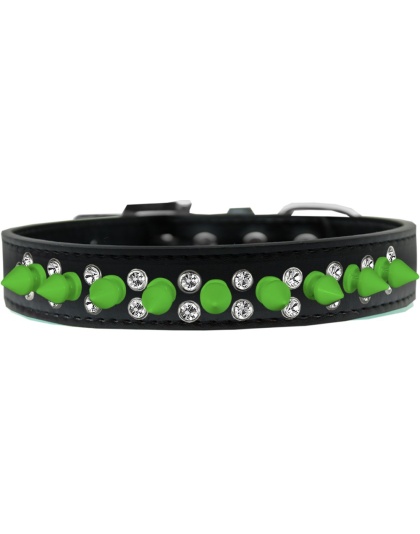Double Crystal and Neon Green Spikes Dog Collar Black Size 12