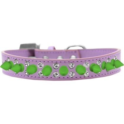 Double Crystal and Neon Green Spikes Dog Collar Lavender Size 12