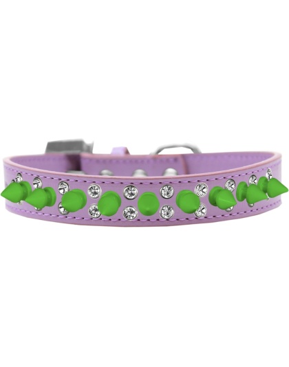 Double Crystal and Neon Green Spikes Dog Collar Lavender Size 12