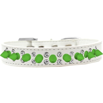 Double Crystal and Neon Green Spikes Dog Collar White Size 12