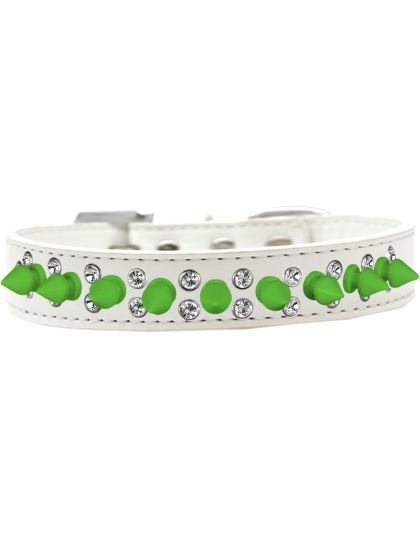 Double Crystal and Neon Green Spikes Dog Collar White Size 12