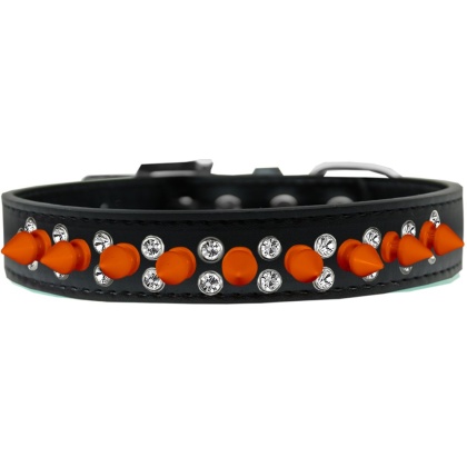 Double Crystal and Neon Orange Spikes Dog Collar Black Size 12