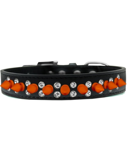 Double Crystal and Neon Orange Spikes Dog Collar Black Size 12