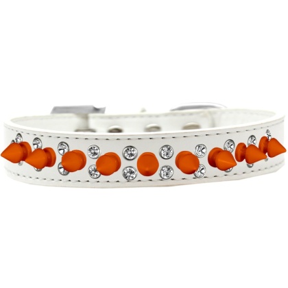 Double Crystal and Neon Orange Spikes Dog Collar White Size 12