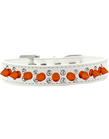 Double Crystal and Neon Orange Spikes Dog Collar White Size 12