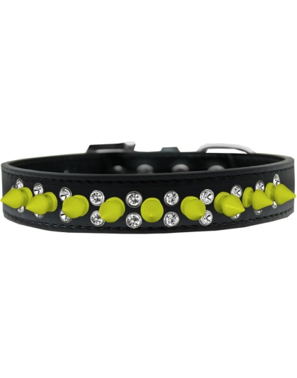 Double Crystal and Neon Yellow Spikes Dog Collar Black Size 12