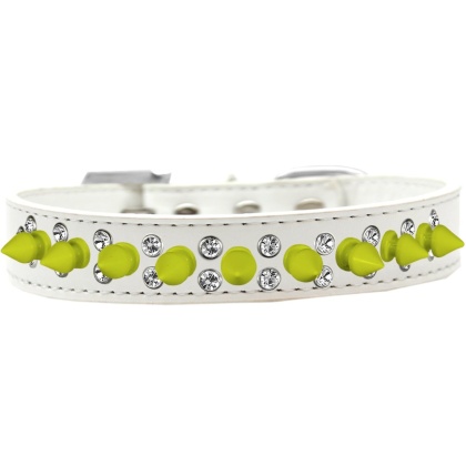 Double Crystal and Neon Yellow Spikes Dog Collar White Size 12