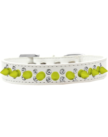 Double Crystal and Neon Yellow Spikes Dog Collar White Size 12