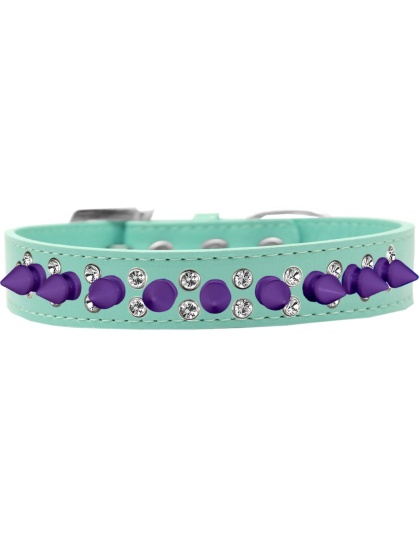 Double Crystal and Purple Spikes Dog Collar Aqua Size 12