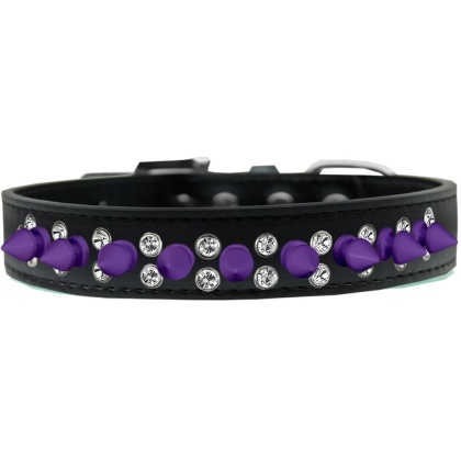 Double Crystal and Purple Spikes Dog Collar Black Size 12