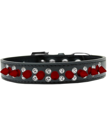 Double Crystal and Red Spikes Dog Collar Black Size 12