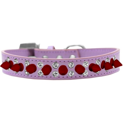 Double Crystal and Red Spikes Dog Collar Lavender Size 12
