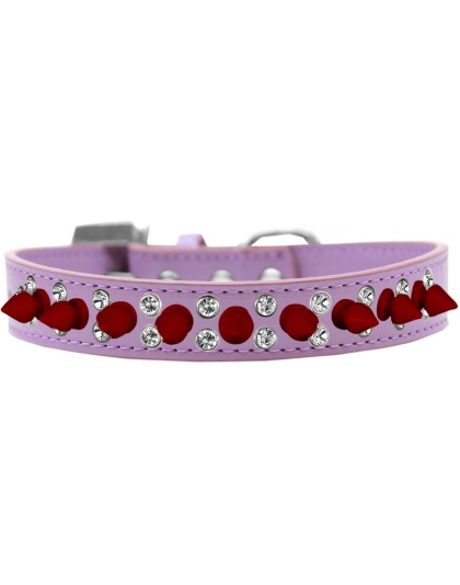 Double Crystal and Red Spikes Dog Collar Lavender Size 12