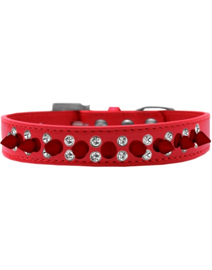 Double Crystal and Red Spikes Dog Collar Red Size 12