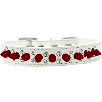 Double Crystal and Red Spikes Dog Collar White Size 12