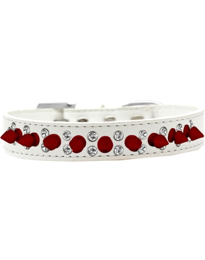 Double Crystal and Red Spikes Dog Collar White Size 12