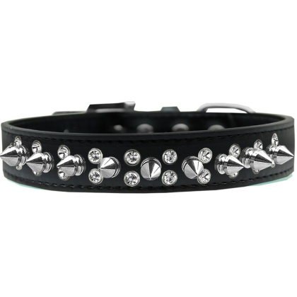 Double Crystal and Silver Spikes Dog Collar Black Size 12
