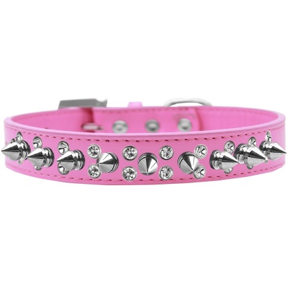 Double Crystal and Silver Spikes Dog Collar Bright Pink Size 12