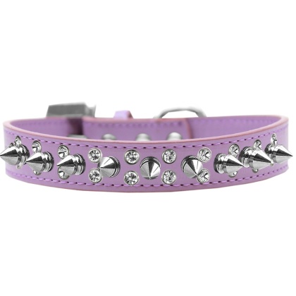 Double Crystal and Silver Spikes Dog Collar Lavender Size 12