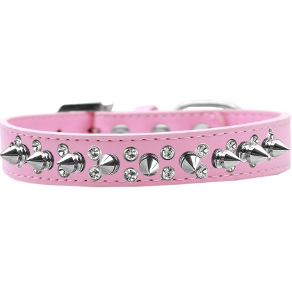 Double Crystal and Silver Spikes Dog Collar Light Pink Size 12