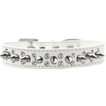 Double Crystal and Silver Spikes Dog Collar White Size 12