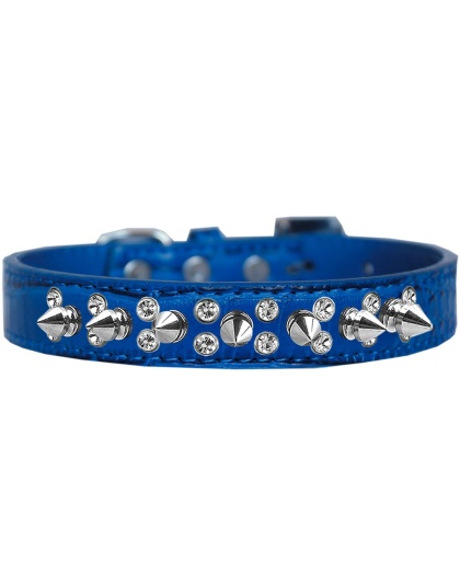 Double Crystal and Spike Croc Dog Collar Blue Size 12
