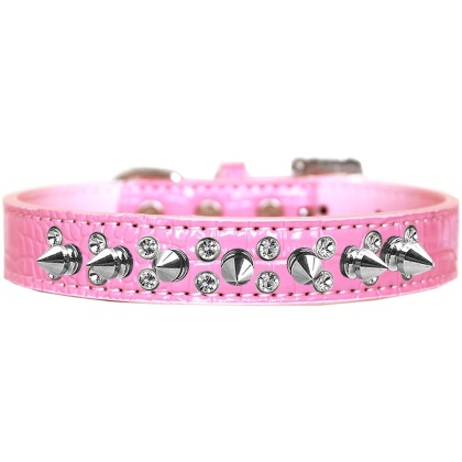 Double Crystal and Spike Croc Dog Collar Light Pink Size 12