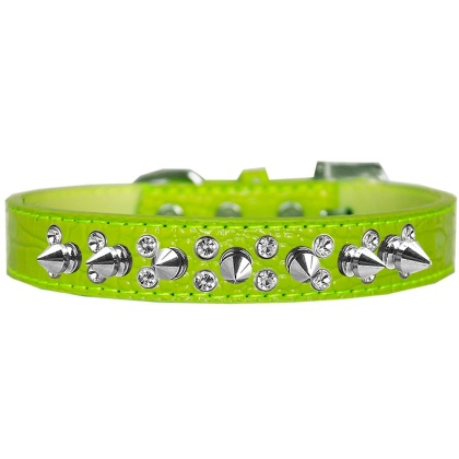 Double Crystal and Spike Croc Dog Collar Lime Green Size 12