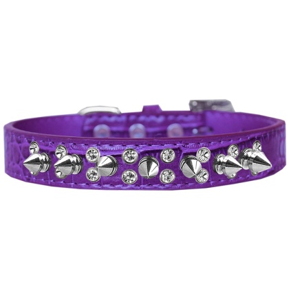 Double Crystal and Spike Croc Dog Collar Purple Size 12