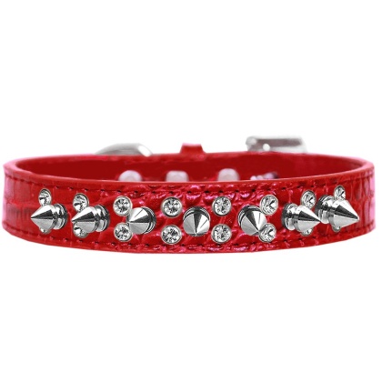 Double Crystal and Spike Croc Dog Collar Red Size 12