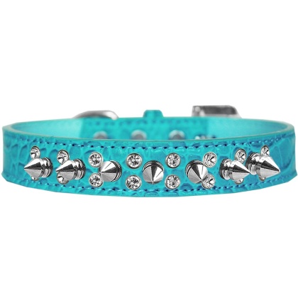 Double Crystal and Spike Croc Dog Collar Turquoise Size 12