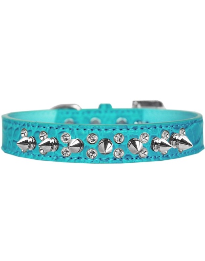 Double Crystal and Spike Croc Dog Collar Turquoise Size 12
