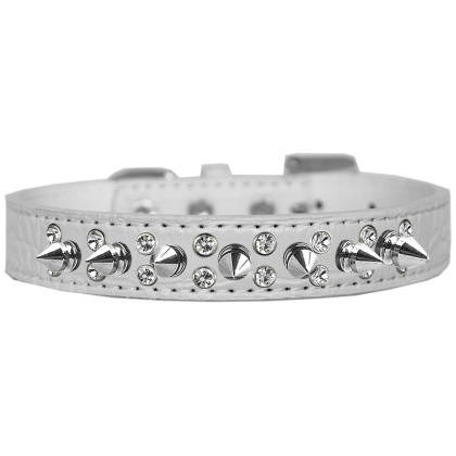 Double Crystal and Spike Croc Dog Collar White Size 12