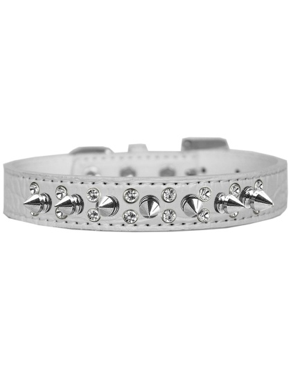 Double Crystal and Spike Croc Dog Collar White Size 12