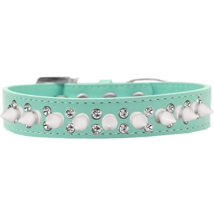 Double Crystal and White Spikes Dog Collar Aqua Size 12