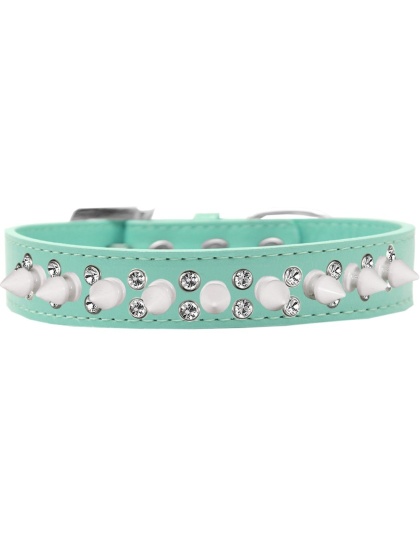 Double Crystal and White Spikes Dog Collar Aqua Size 12