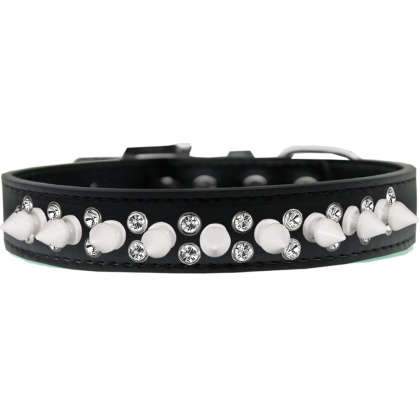 Double Crystal and White Spikes Dog Collar Black Size 12