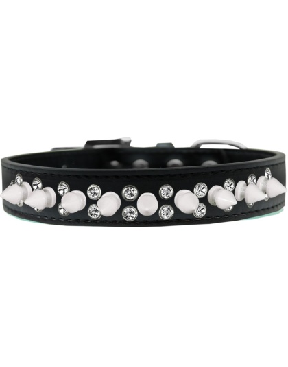 Double Crystal and White Spikes Dog Collar Black Size 12