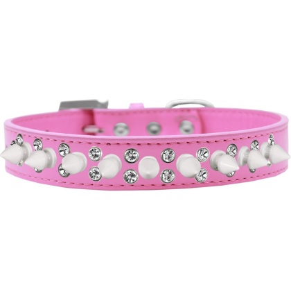 Double Crystal and White Spikes Dog Collar Bright Pink Size 12