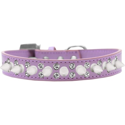 Double Crystal and White Spikes Dog Collar Lavender Size 12