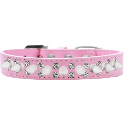 Double Crystal and White Spikes Dog Collar Light Pink Size 12