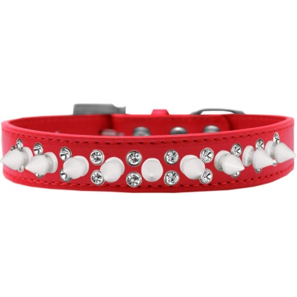 Double Crystal and White Spikes Dog Collar Red Size 12