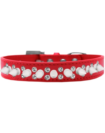 Double Crystal and White Spikes Dog Collar Red Size 12
